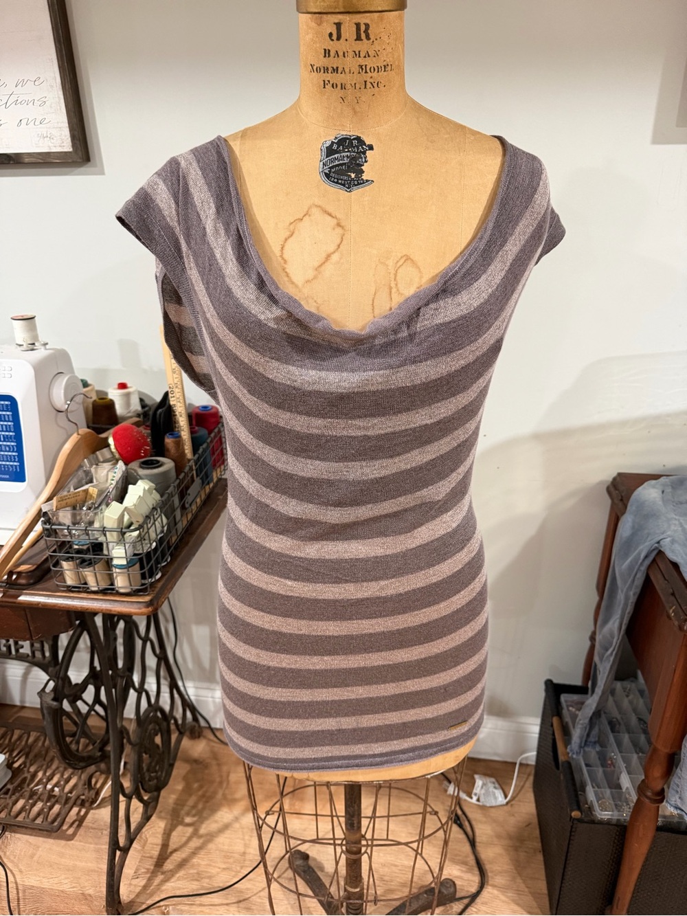 Only Striped Cowl Neck Swim Coverup - Gray & Taupe